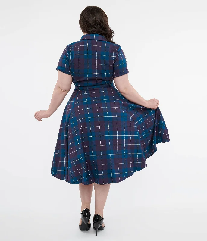 Collectif Plus Size Teal & Purple Checkered Caterina Swing Dress