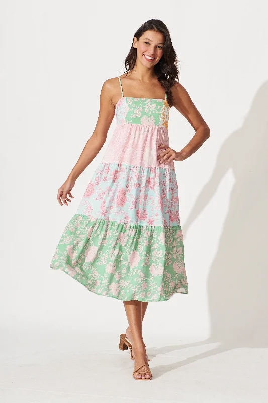 Fay Midi Dress In Green With Pink And Blue Patchwork Floral Linen Blend