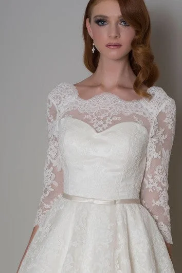 A-Line Knee-Length Half-Sleeve Appliqued Bateau-Neck Lace Wedding Dress