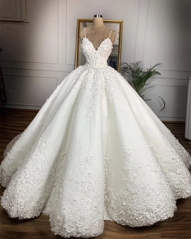 V Neck Satin Wedding Dresses Ball Gown Lace Embroidery