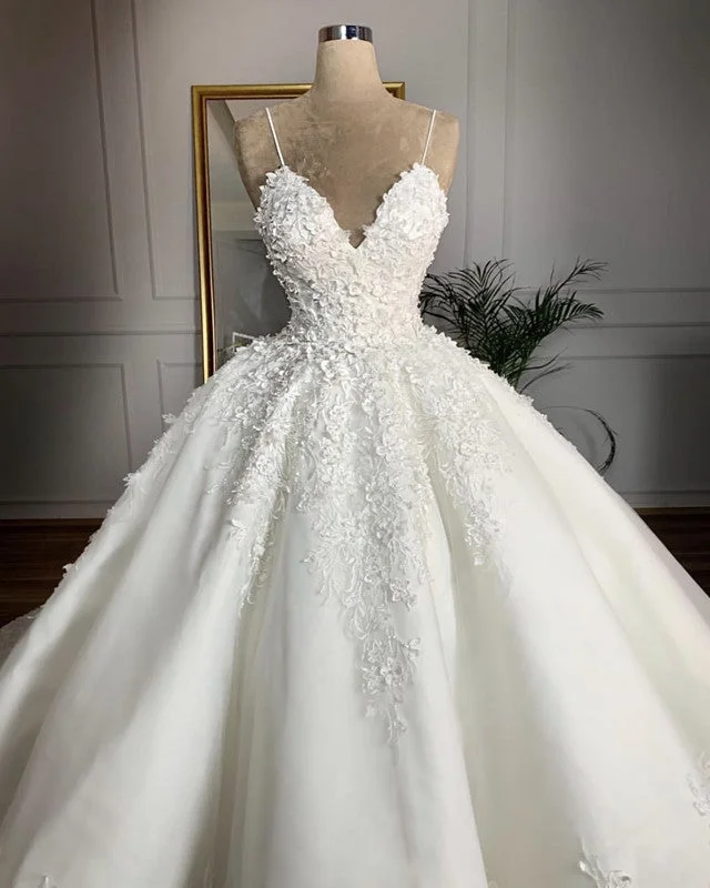 V Neck Satin Wedding Dresses Ball Gown Lace Embroidery