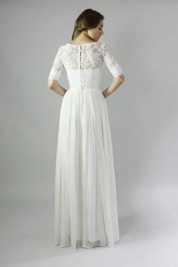 Button Back Sheath Chiffon Wedding Dress With Lace And Pleats