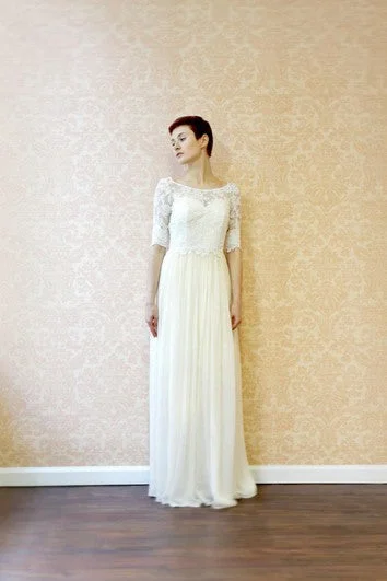 Button Back Sheath Chiffon Wedding Dress With Lace And Pleats