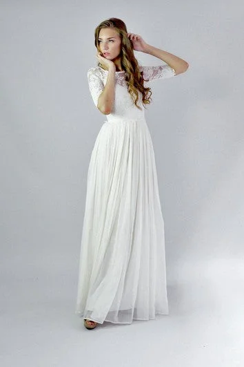 Button Back Sheath Chiffon Wedding Dress With Lace And Pleats