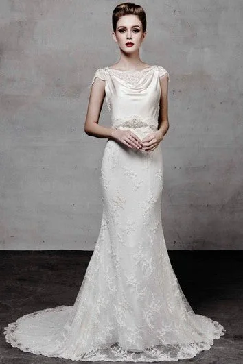 Floor-Length Cowl Appliqued Cap-Sleeve Lace Wedding Dress With Beading