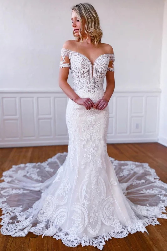 Mermaid Short Sleeves Long White Lace Bridal Dress