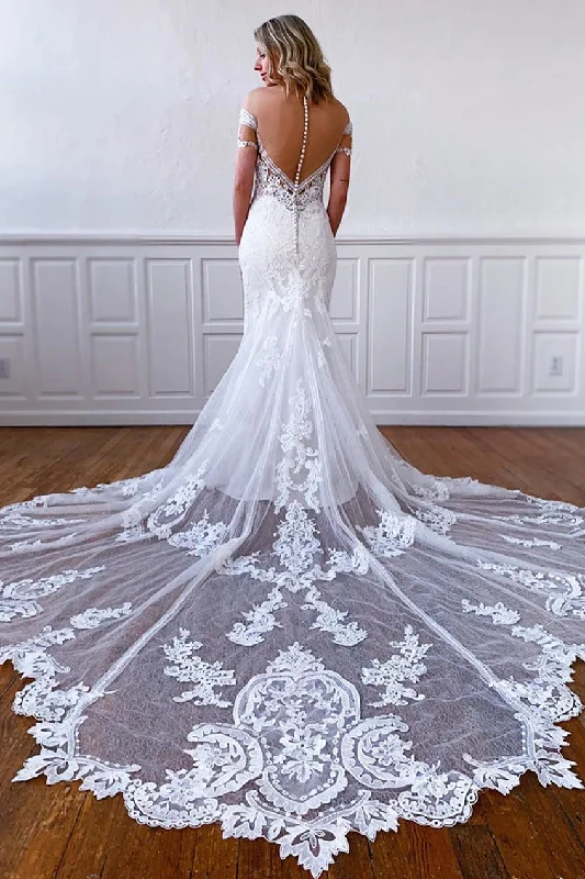 Mermaid Short Sleeves Long White Lace Bridal Dress