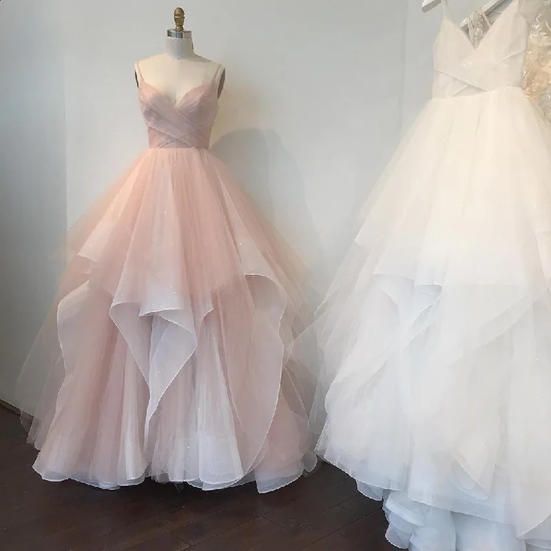 V Neck Organza Ruffles Princess Wedding Gowns