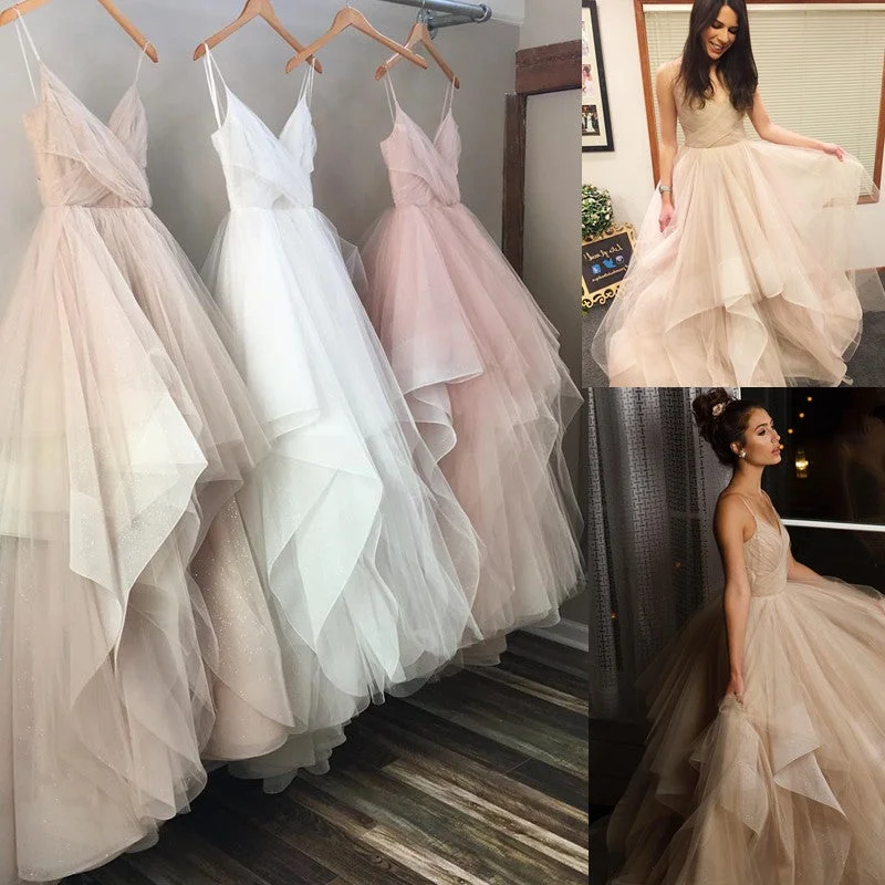 V Neck Organza Ruffles Princess Wedding Gowns