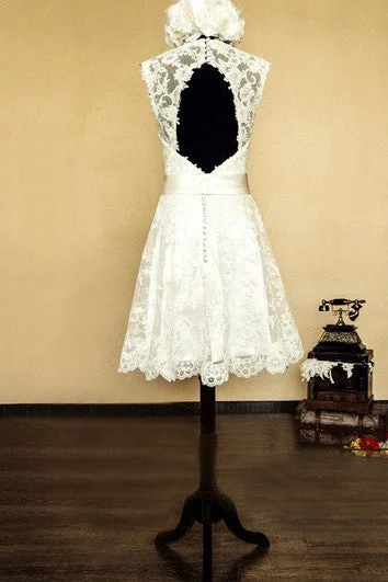 V-Neck Sleeveless Keyhole Back Short Lace Wedding Dress With Bow And Flower