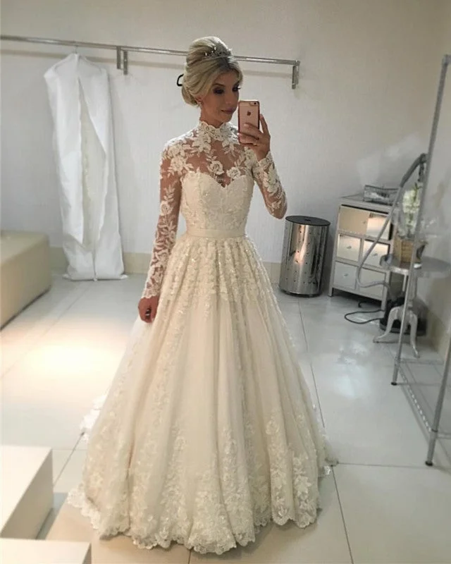 Vintage A-line High Neck Long Sleeves Lace Wedding Dresses Floor Length