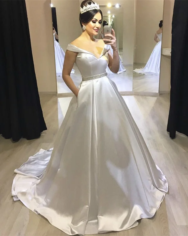 Vintage Satin V-neck Ball Gowns Wedding Dress Beaded Sashes