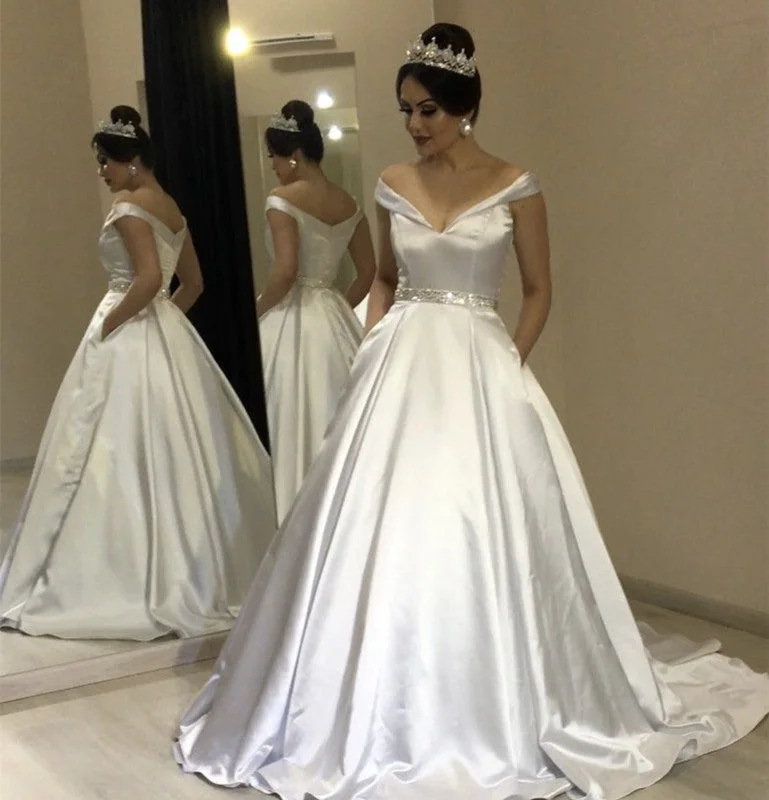 Vintage Satin V-neck Ball Gowns Wedding Dress Beaded Sashes