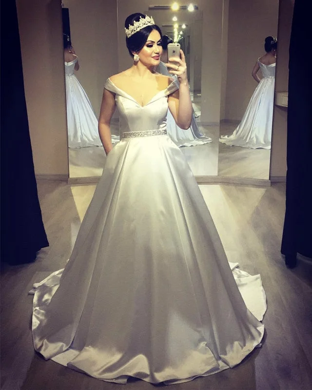 Vintage Satin V-neck Ball Gowns Wedding Dress Beaded Sashes