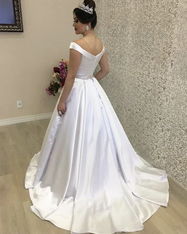 Vintage Satin V-neck Ball Gowns Wedding Dress Beaded Sashes